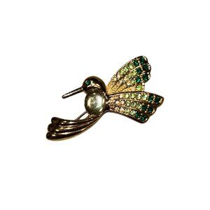 Gold-tone Vintage Monet Jellybelly Hummingbird Green Rhinestone Signed Brooch